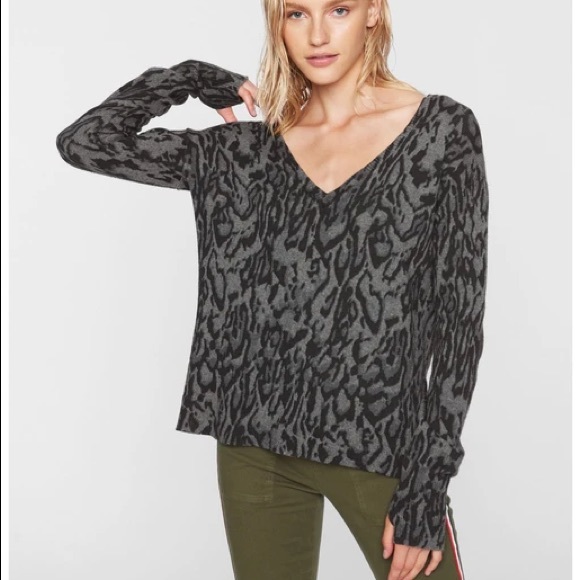 Pam & Gela Ocelot V Neck Sweater in Grey - Picture 2 of 12
